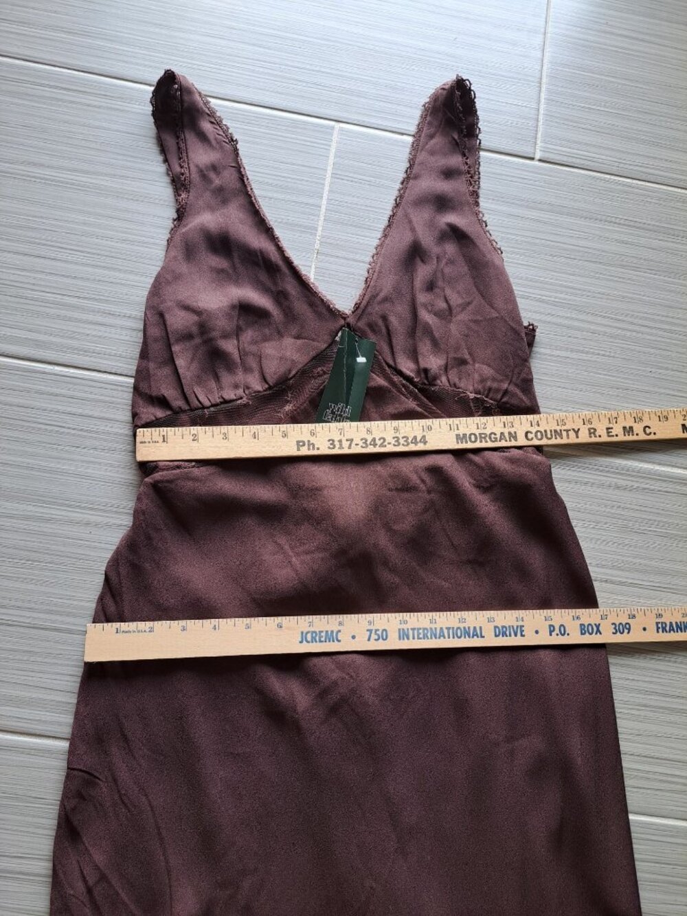 New Wild Fable Brown Lace Trim Maxi Dress Plunging V-Neckline Sheer Mesh M - Picture 9 of 15